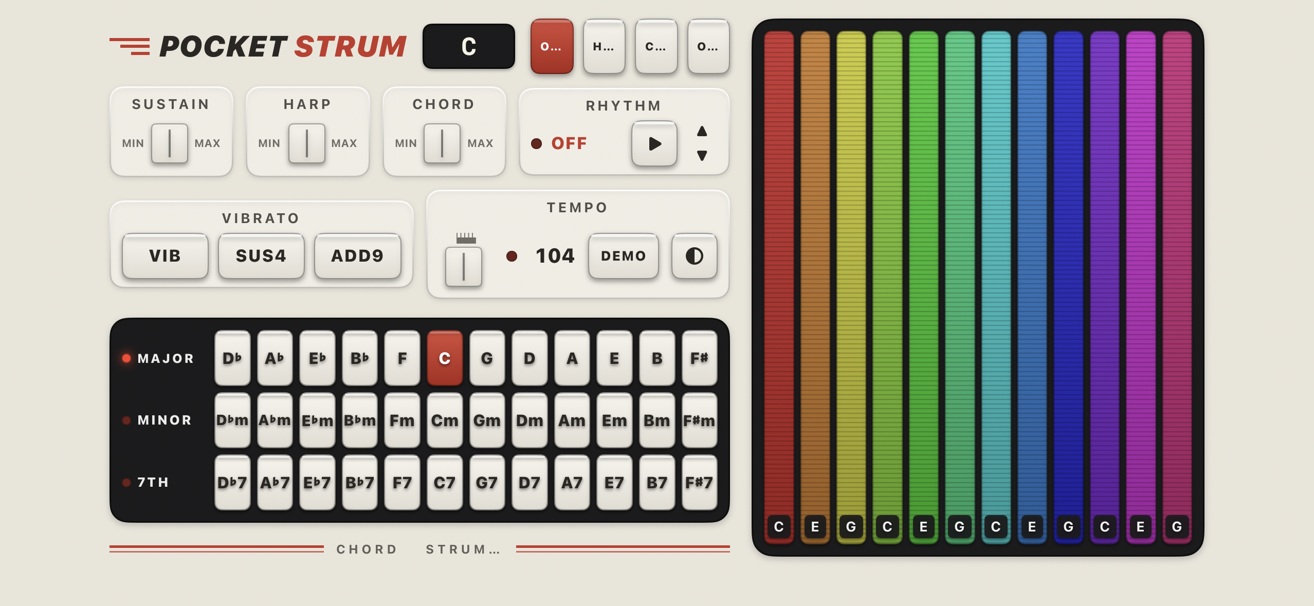 Pocket Strum in the Classic look: cream panel, red keys, rainbow strumplate
