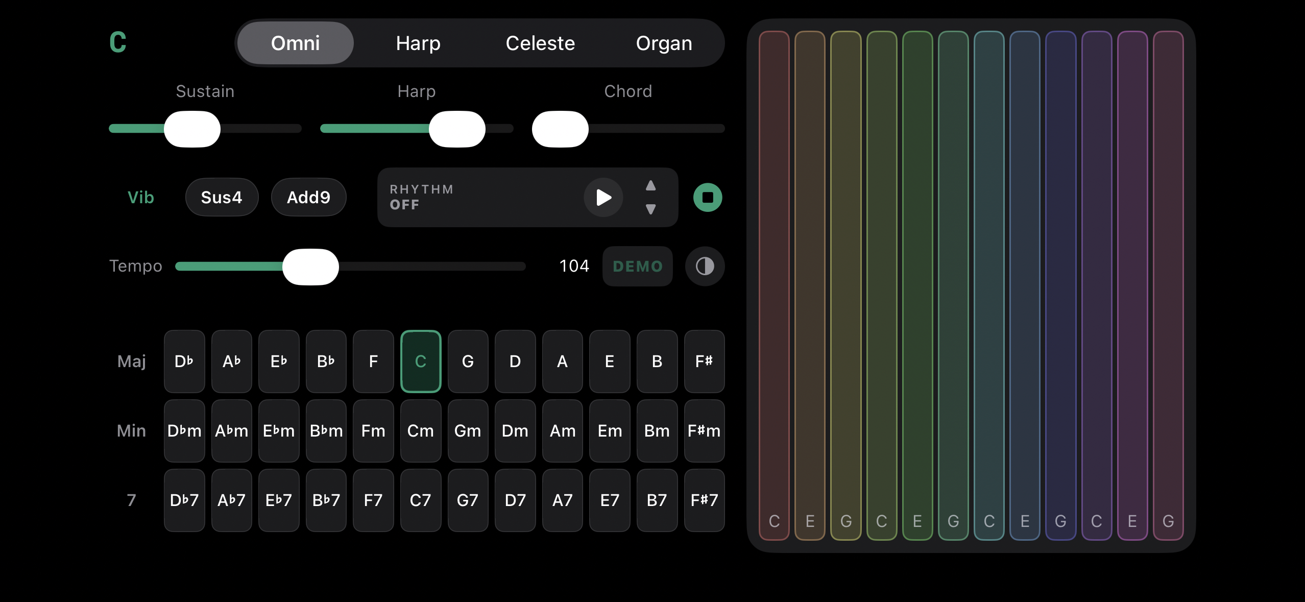 Pocket Strum in the Modern look: dark flat interface